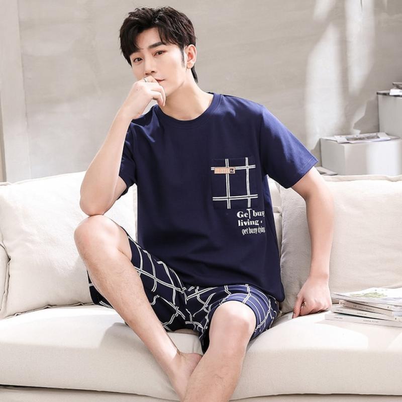 Cotton Summer Thin Men's Pajamas Set Plus Size Short Sleep Tops Pant Sleepwear Suit Male Home Suit Homewear Casual Pyjamas