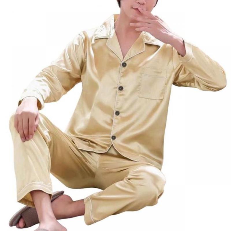 1 Set Men Sleepwear Solid Color Long Sleeved Single Breasted Home Wear Ice Silk Loose Pajamas Set for Homewear