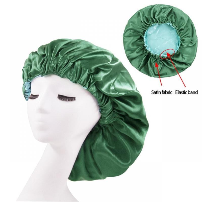 Solid Color Reversible Silky Satin Bonnet Double Layer Sleep Night Cap Head Cover Bonnet Hat for For Curly Springy Hair Black