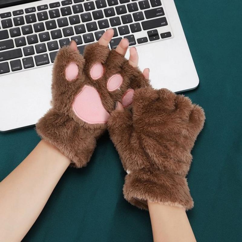 New Winter Gloves Women Bear Plush Cat Paw Claw Gloves Cute Kitten Fingerless Mittens Christmas Halloween for Girls Gift Gloves