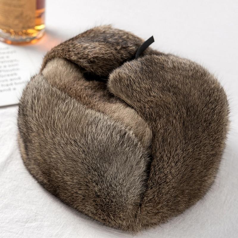 Rabbit Fur Cap Man Winter Genuine 100% Fur Bomber Hat Windproof Warm Earmuffs Male Flat Grey/Black Russian Hat Fitted Casquette