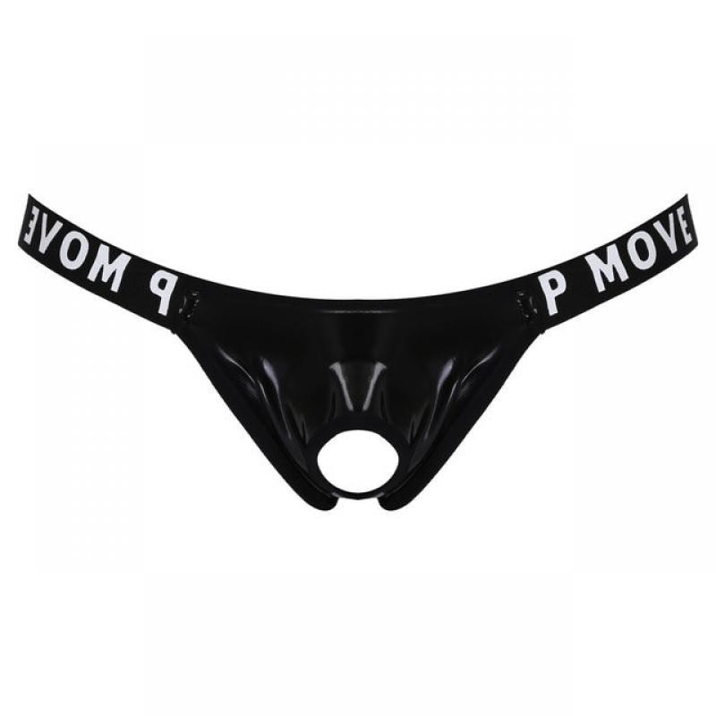 Mens Sexy Patent Leather Lingerie Hollow Out Bulge Pouch Latex Panties Jockstrap T-Back Letter Print Waistband Thongs Underwear