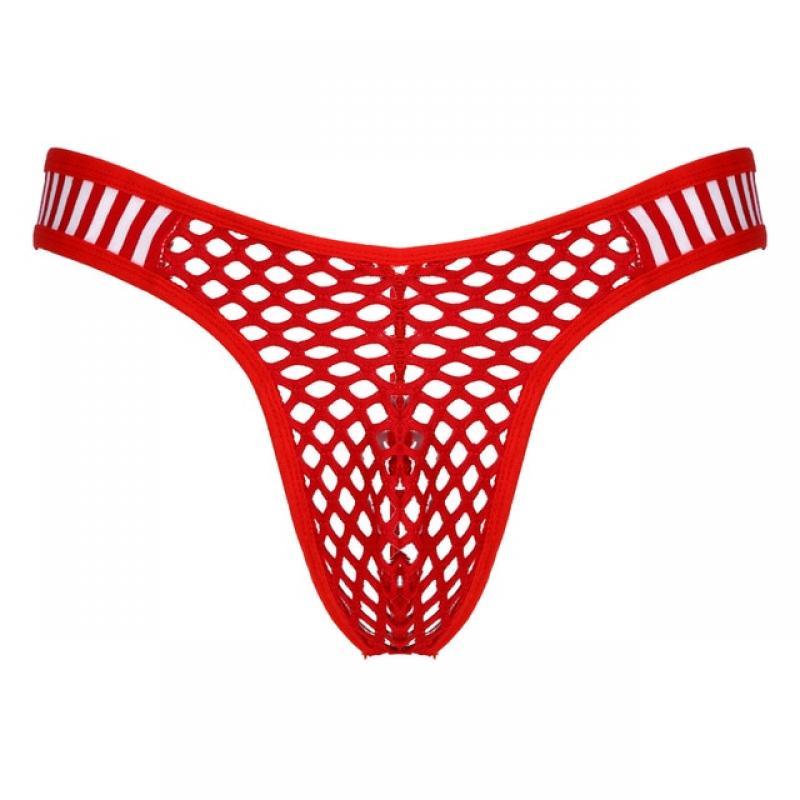 Men&#39;s Panties See-through Fishnet Briefs Low Waist Striped Elastic Waistband Thongs Hollow Out Bulge Pouch Underpants Underwear