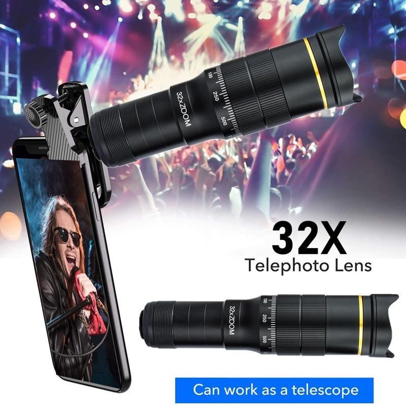 32X Telephoto for Cellphone Mobile Phone Camera Lens Zoom Telescope 4in1 Macro Fish Eye Wide Angel Lenses for iPhone Smartphone