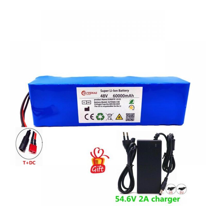 New 48V 60000mAh 1000w 13S3P XT60 48V Lithium ion Battery Pack 60Ah For 54.6v E-bike Electric bicycle Scooter with BMS+charger