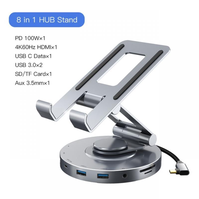 CABLETIME 8 in 1 Multi USB C Hub with 360 Rotating Stand HDMI 4K 60Hz PD 100W USB 5Gbps SD TF Aux 3.5mm for iPad Pro Tablet C441